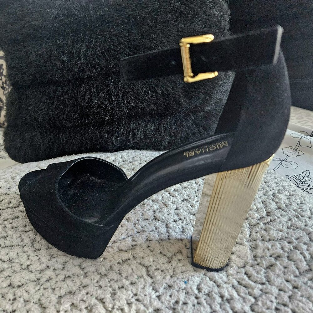 Michael Kors Porter Women's Size 9 US Black Gold Ankle Strap Block Heels Pump